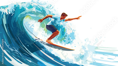 Young man riding a surfboard in the wave illustartion