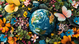 Planet with butterflies and flowers around it