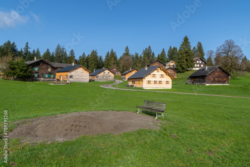 Panorama with wooden holiday houses in front of the forest, on the hill there is a beautiful house in spring time, green meadow with seat, wooden bench and sandpit, sand playground