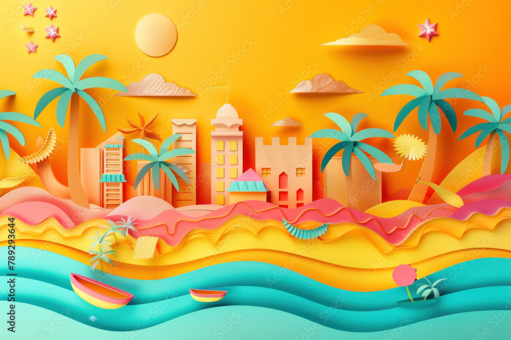 abstract colorful paper art background with a tropical landscape and buildings, palm trees on the beach in an orange background, summer 3d background with colorful object