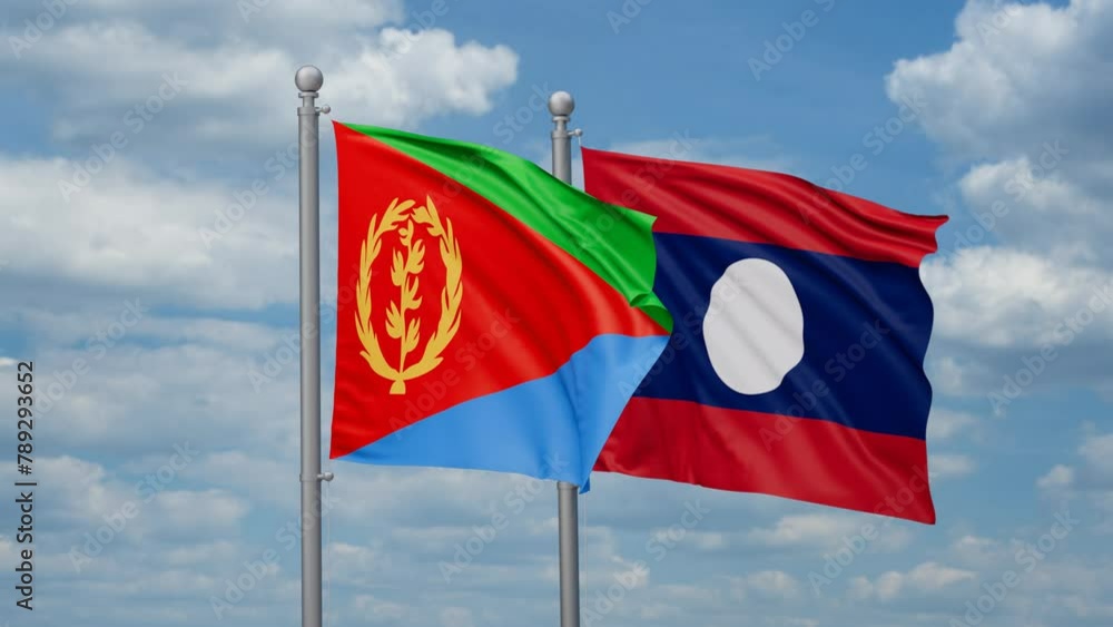 Laos and Eritrea two flags waving together, looped video, two country relations concept Laos and Eritrea two flags waving together, looped video, two country relations concept