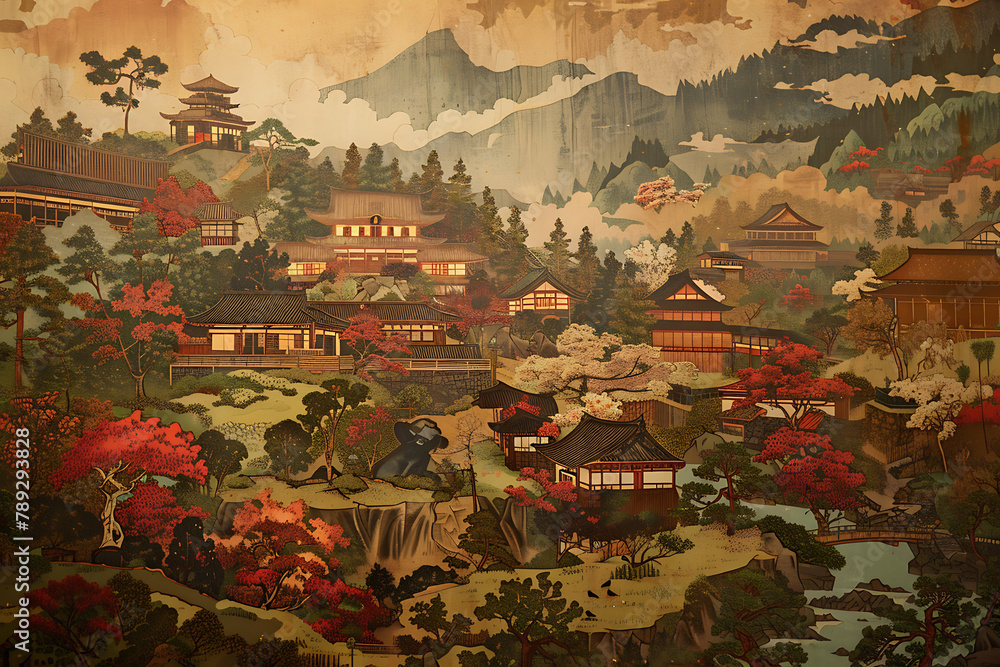 Discover a serene landscape where traditional Japanese architecture and culture intertwine in a picturesque samurai village nestled amidst tranquil nature Discover a serene landscape where traditional Japanese architecture and culture intertwine in a picturesque samurai village nestled amidst tranquil nature