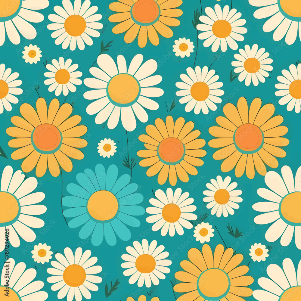 Seamless pattern with daisies on blue background. Vector illustration.