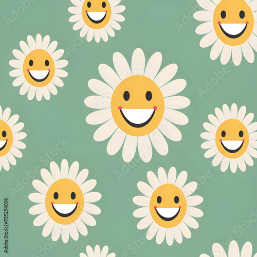 Seamless pattern with smiling daisies. Vector illustration.
