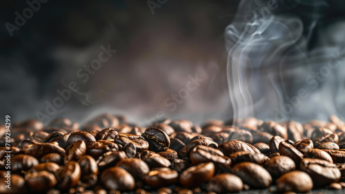 Fragrant roasted coffee beans with thin streams of smoke on a dark background, copy space