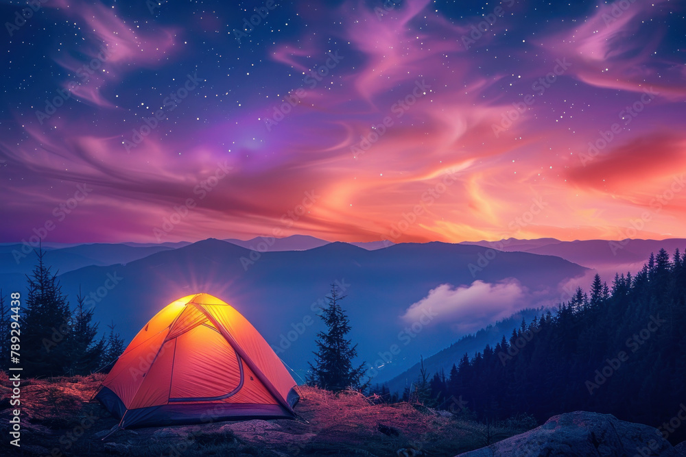 camping tent illuminated in the style of the light inside at night on top of mountain with beautiful colorful sky and stars. camping tent under milky way galaxy with stars on a night sky background