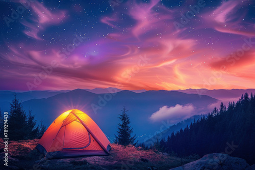 camping tent illuminated in the style of the light inside at night on top of mountain with beautiful colorful sky and stars. camping tent under milky way galaxy with stars on a night sky background