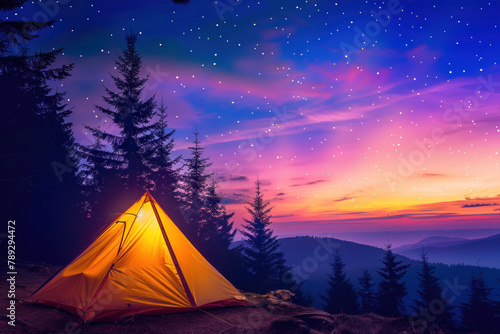 camping tent illuminated in the style of the light inside at night on top of mountain with beautiful colorful sky and stars. camping tent under milky way galaxy with stars on a night sky background © Rangga Bimantara