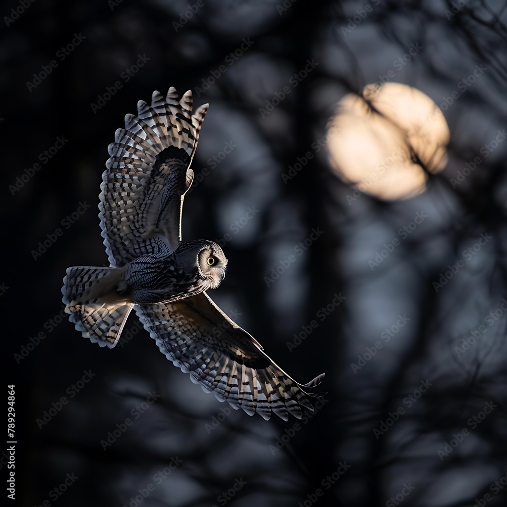 Naklejka premium owl in flight at night, full moon