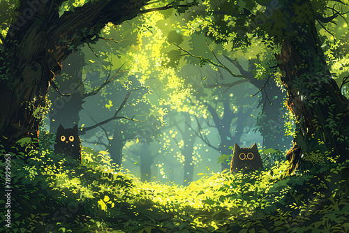 Mystical forest with hidden watchful eyes. Enchanted woods concept art for storybook and gaming