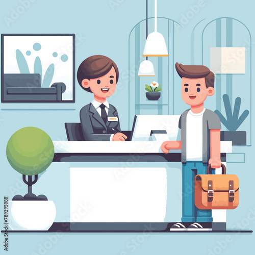 illustration of a receptionist at work serving a visitor cheerfully