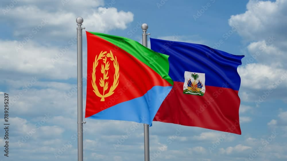 Haiti and Eritrea two flags waving together, looped video, two country relations concept