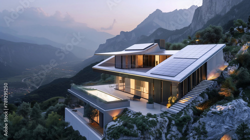 Incredibly luxurious beautiful villa in the mountains with solar panels installed on the roof © ksu