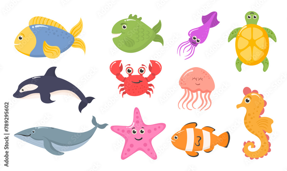 Set of funny ocean animals isolated on a white background. Sea creatures. Marine animals and aquatic plants. Underwater creature set vector isolated. Funny cartoon character. Vector illustration.
Set of funny ocean animals isolated on a white background. Sea creatures. Marine animals and aquatic plants. Underwater creature set vector isolated. Funny cartoon character. Vector illustration.