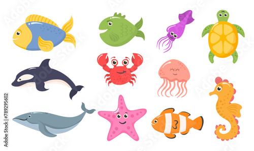 Set of funny ocean animals isolated on a white background. Sea creatures. Marine animals and aquatic plants. Underwater creature set vector isolated. Funny cartoon character. Vector illustration. 