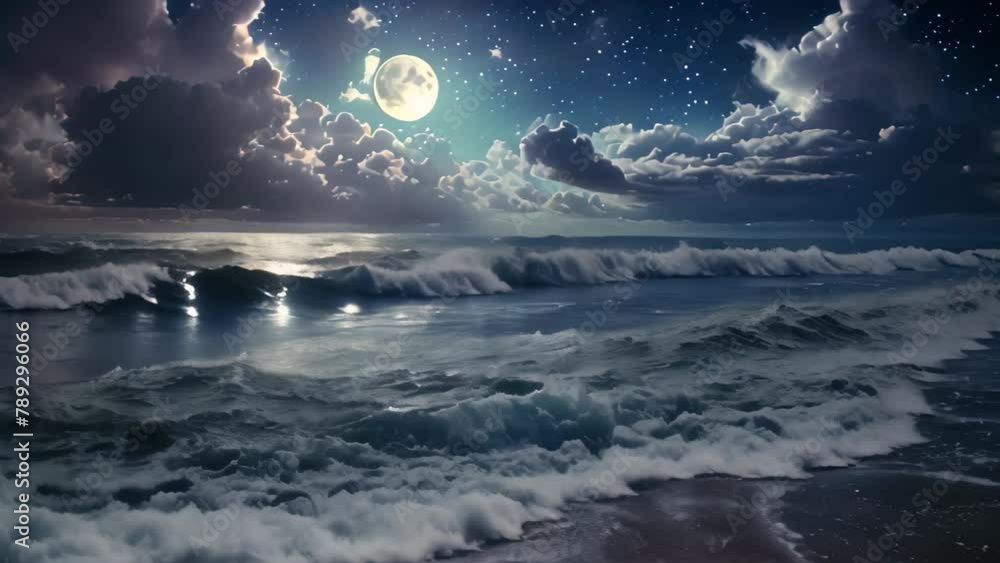 A stunning night sky adorned with clouds and stars stretches over the vast expanse of the ocean, Ocean waves in moonlight for a dreamy effect A stunning night sky adorned with clouds and stars stretches over the vast expanse of the ocean, Ocean waves in moonlight for a dreamy effect