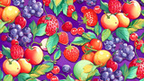 Seamless pattern with berries and fruits on a purple background.