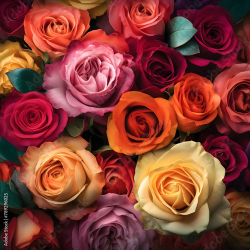 Colorful roses in a bouquet as a background  top view