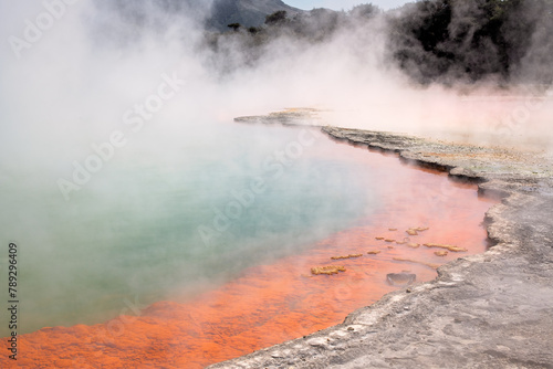 geothermal region, Rotorua New Zealand, sulphur sulfur steam rotten egg smell, colorful boiling water pools with mud, travel tourism destination