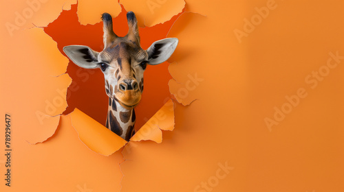 giraffe peeking through torn orange paper. Copy space. Generative AI