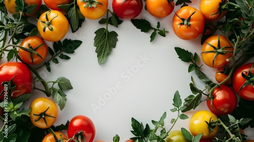 Frame made of different varieties of tasty tomatoes with copy space in the middle on white background