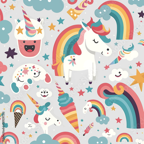 Cute seamless pattern with unicorns  rainbow  ice cream and clouds. Vector illustration.