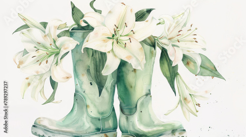 A pair of green rain boots stand next to a white lily flower, spring concept watercolor illustration.