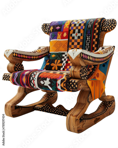 Eclectic patchwork rocking chair with carved wooden frame isolated on transparent background. Whimsical home decor and vibrant furniture concept.