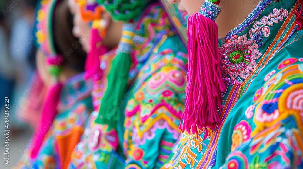 colorful traditional attire and intricate embroidery of Hmong women during a festive celebration. colorful traditional attire and intricate embroidery of Hmong women during a festive celebration.