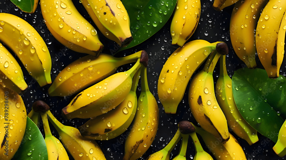 Bunch of ripe bananas with water drops on black background. Top view.