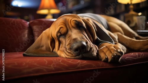 Bloodhound dog peacefully asleep on a plush and cozy sofa photo