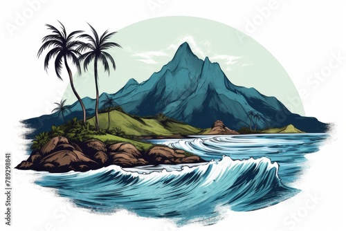 Drawing of a Tropical Island With a Mountain in the Background