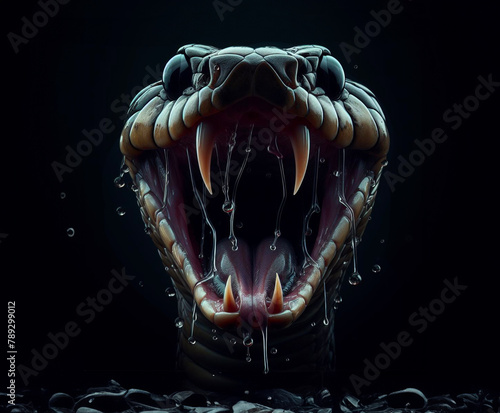 The head of a poisonous snake in the water on a black background.