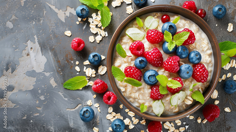 Bowl of delicious oatmeal with berries and raspberries on the table, top view
