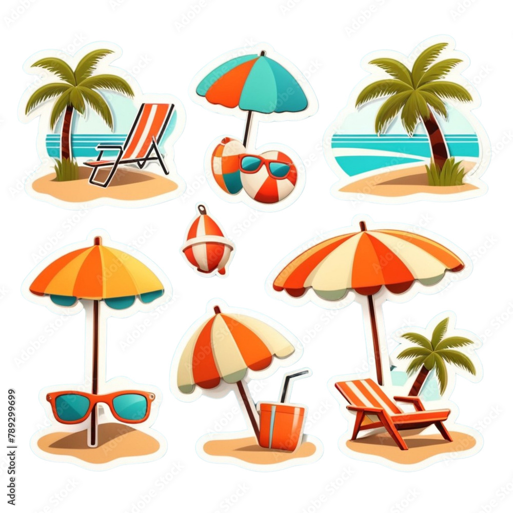 Set of cute vector summer stickers on Isolated transparent background png. generated with AI Set of cute vector summer stickers on Isolated transparent background png. generated with AI