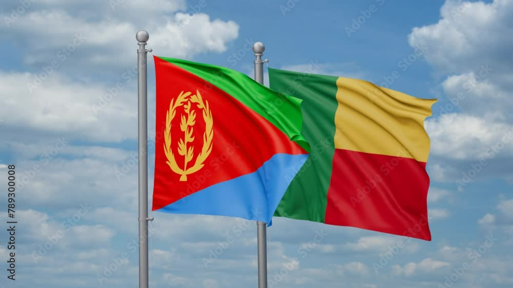 Eritrea and Benin two flags waving together, looped video Eritrea and Benin two flags waving together, looped video