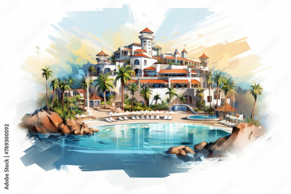 Drawing of a Resort With a Pool and Palm Trees