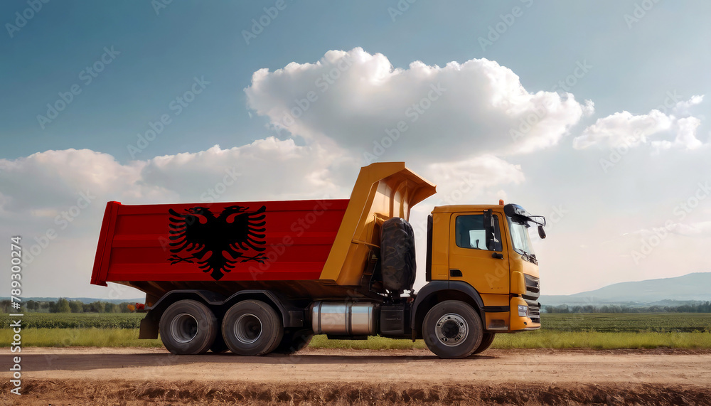 Fototapeta premium A truck adorned with the Albania flag parked at a quarry, symbolizing American construction. Capturing the essence of building and development in the Albania