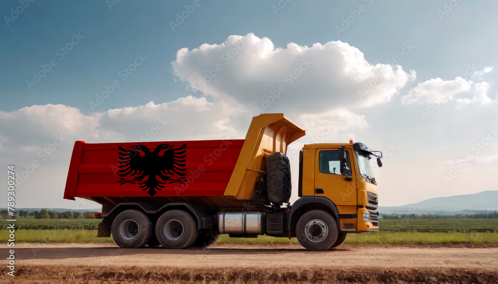 A truck adorned with the Albania flag parked at a quarry, symbolizing American construction. Capturing the essence of building and development in the Albania