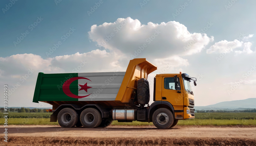 Fototapeta premium A truck adorned with the Algeria flag parked at a quarry, symbolizing American construction. Capturing the essence of building and development in the Algeria
