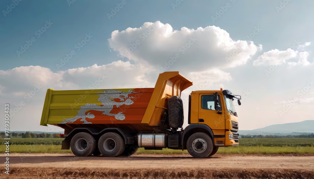 A truck adorned with the Bhutan flag parked at a quarry, symbolizing American construction. Capturing the essence of building and development in the Bhutan A truck adorned with the Bhutan flag parked at a quarry, symbolizing American construction. Capturing the essence of building and development in the Bhutan