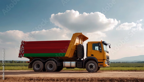 A truck adorned with the Belarus flag parked at a quarry  symbolizing American construction. Capturing the essence of building and development in the Belarus