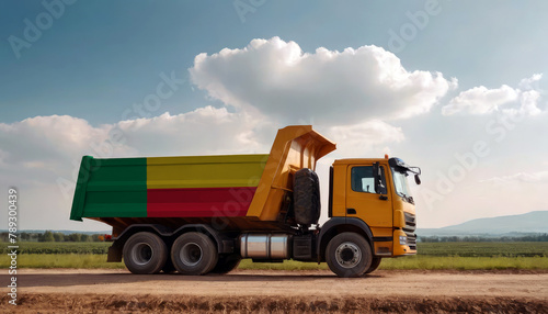 A truck adorned with the Benin flag parked at a quarry  symbolizing American construction. Capturing the essence of building and development in the Benin