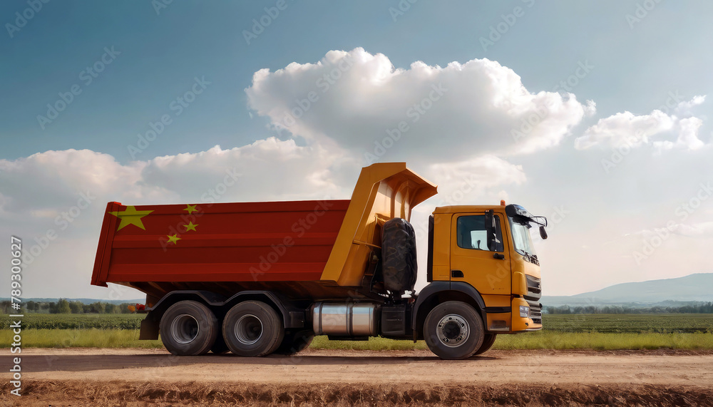 A truck adorned with the China flag parked at a quarry, symbolizing American construction. Capturing the essence of building and development in the China A truck adorned with the China flag parked at a quarry, symbolizing American construction. Capturing the essence of building and development in the China