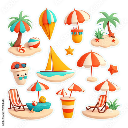 Set of cute vector summer stickers on Isolated transparent background png. generated with AI