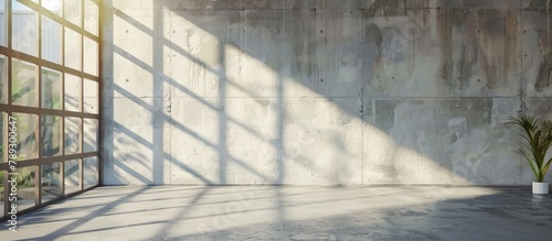 Room with large windows and sunlight, Room with light and shadow on floor, Background of concrete wall