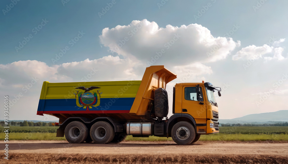 A truck adorned with the Ecuador flag parked at a quarry, symbolizing American construction. Capturing the essence of building and development in the Ecuador A truck adorned with the Ecuador flag parked at a quarry, symbolizing American construction. Capturing the essence of building and development in the Ecuador