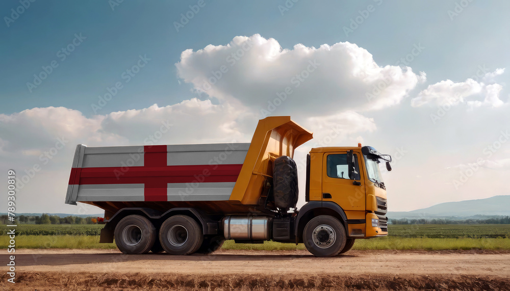 Fototapeta premium A truck adorned with the England flag parked at a quarry, symbolizing American construction. Capturing the essence of building and development in the England