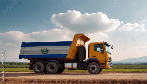 A truck adorned with the El Salvador flag parked at a quarry  symbolizing American construction. Capturing the essence of building and development in the El Salvador