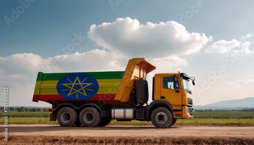 A truck adorned with the Ethiopia flag parked at a quarry  symbolizing American construction. Capturing the essence of building and development in the Ethiopia